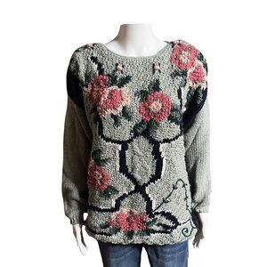 Vintage Sarah Morgan Chunky Floral Knit Sweater – Green & Pink, Size L
